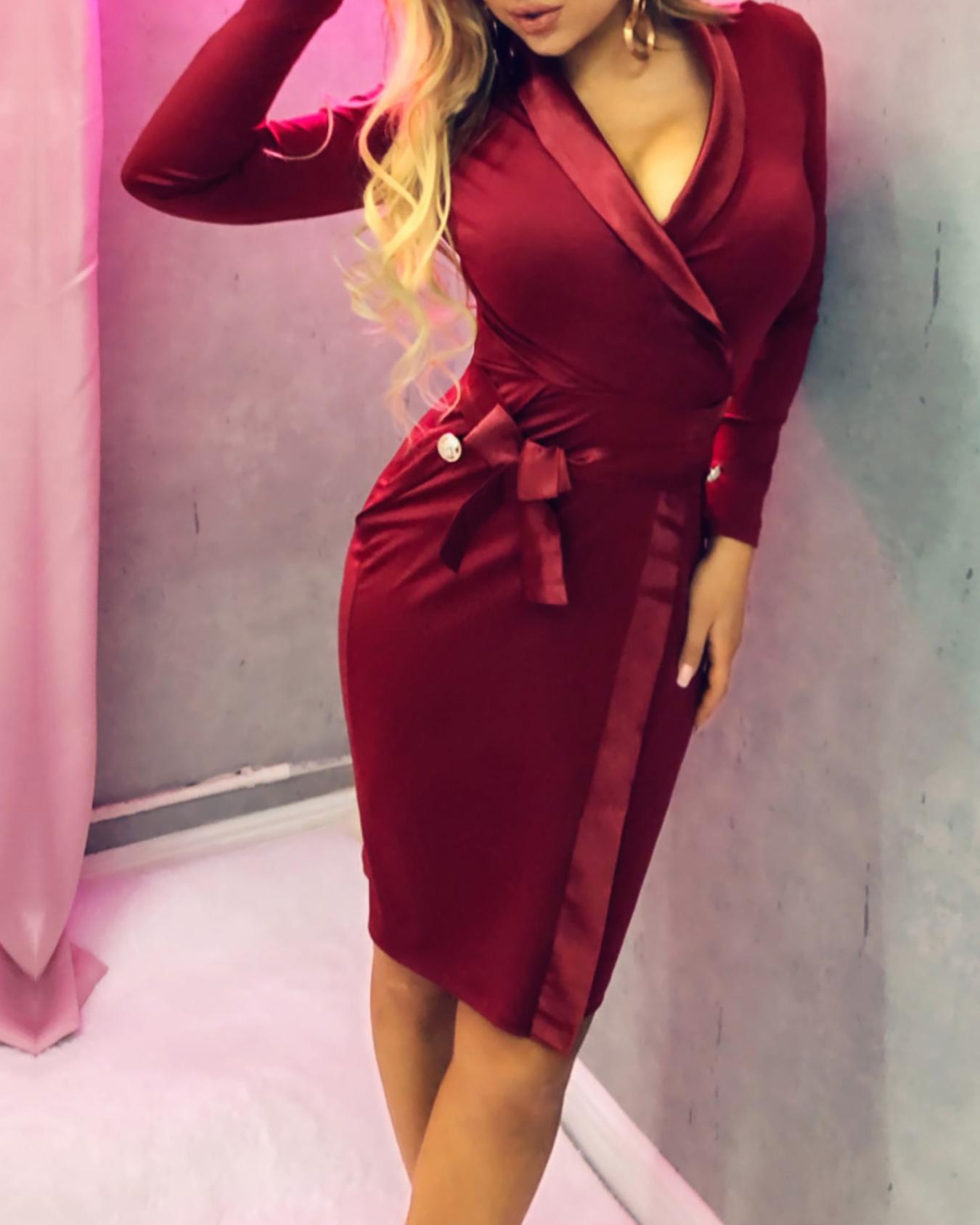 

V-Neck Surplice Wrap Belted Midi Dress, Dark red