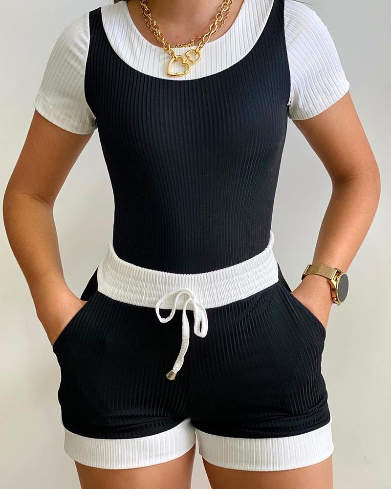 

Two Tone Short Sleeve Top & Short Set, Black