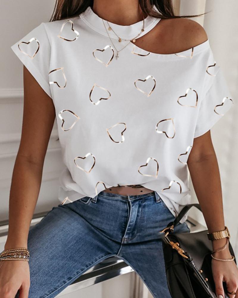 

Heart Print Cold Shoulder Short Sleeve T-shirt, White