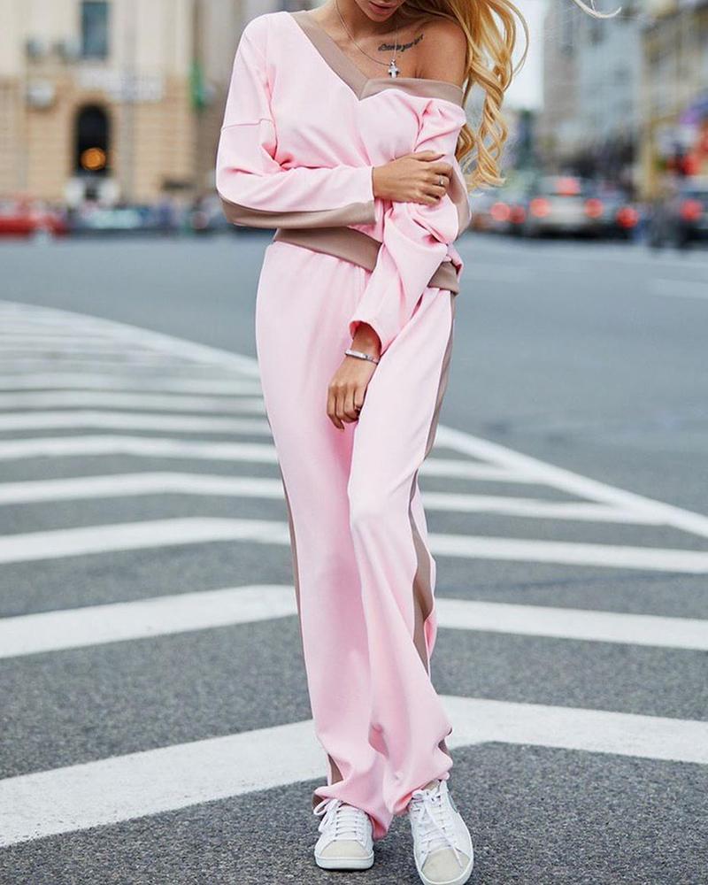 

Contrast Binding Long Sleeve Top & Pants Set, Pink
