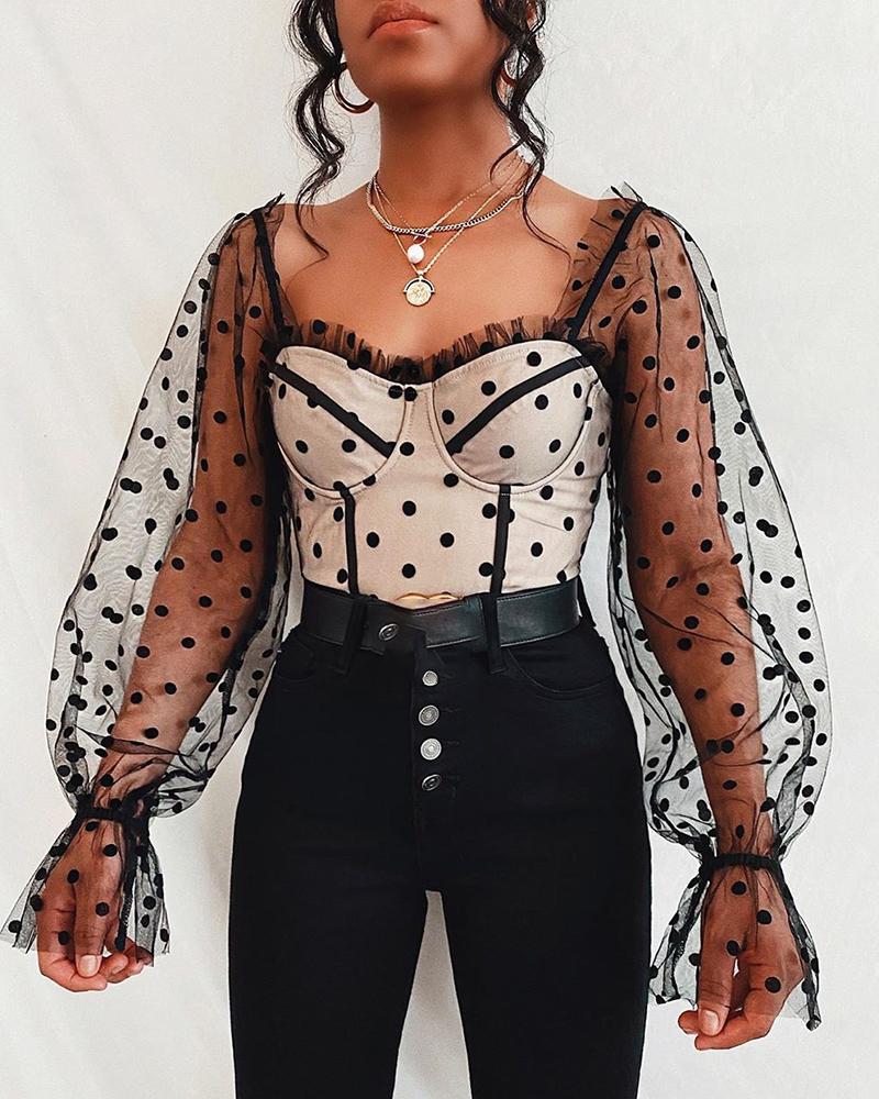 

Dot Mesh Sleeve Frill Hem Blouse, Black