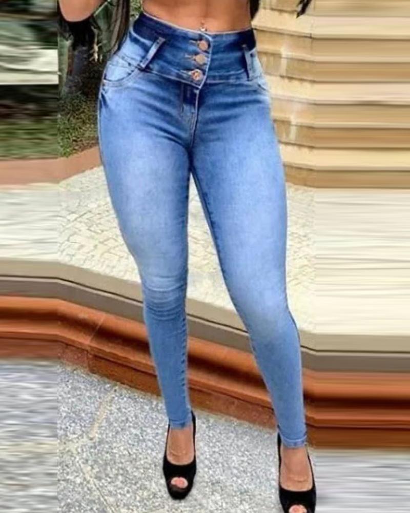 

Skinny Waist Pencil Jean Pants, Blue