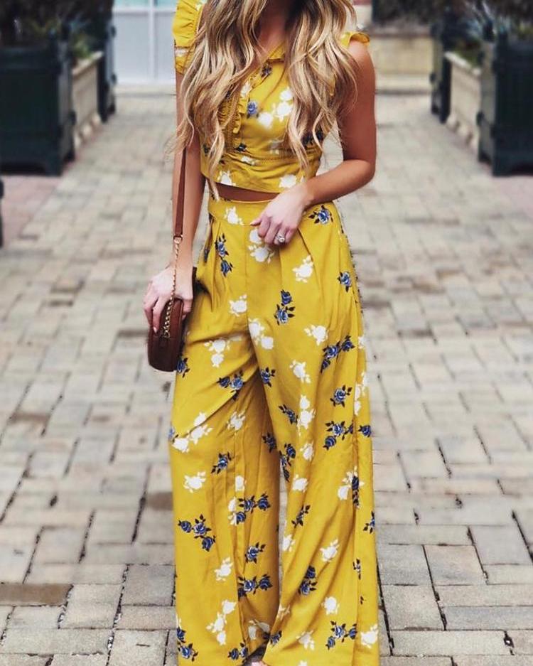 

Floral Print Frills Tie Back Top With Wide Leg Pant Sets, Yellow