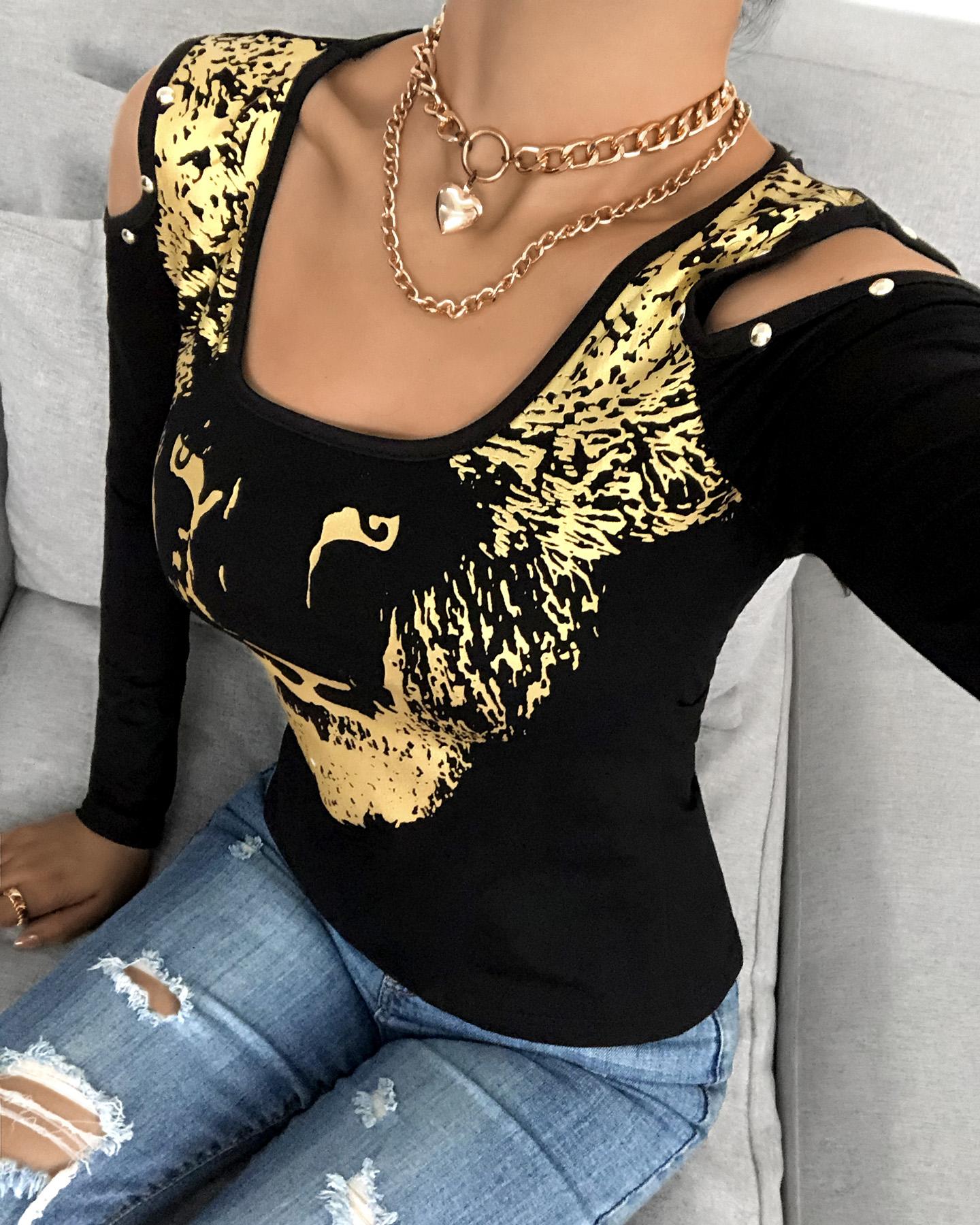 

Colorblock Cold Shoulder Slit Button Design Top, Black