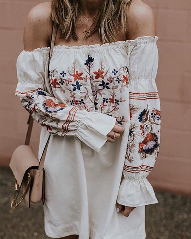 

Hot Shirring Off Shoulder Floral Casual Dress, White