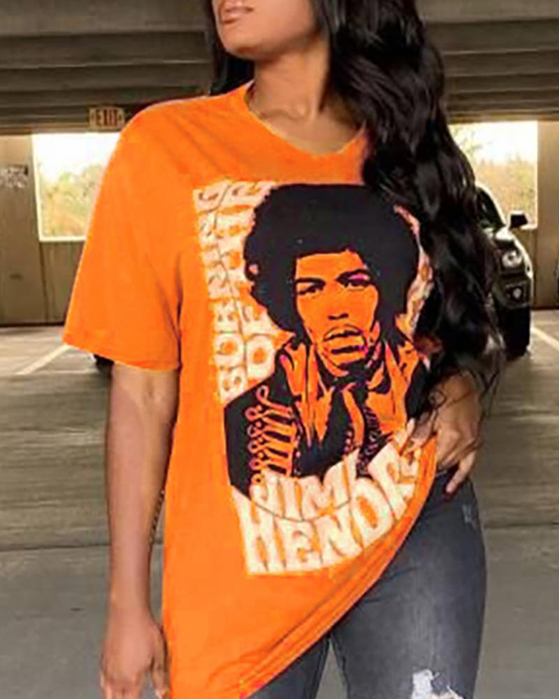 

Figure Print Short Sleeve Casual T-Shirt, Orange