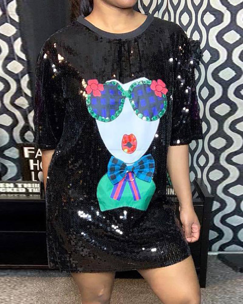 

Figure Pattern Casual Sequins T-shirt Dress, Black