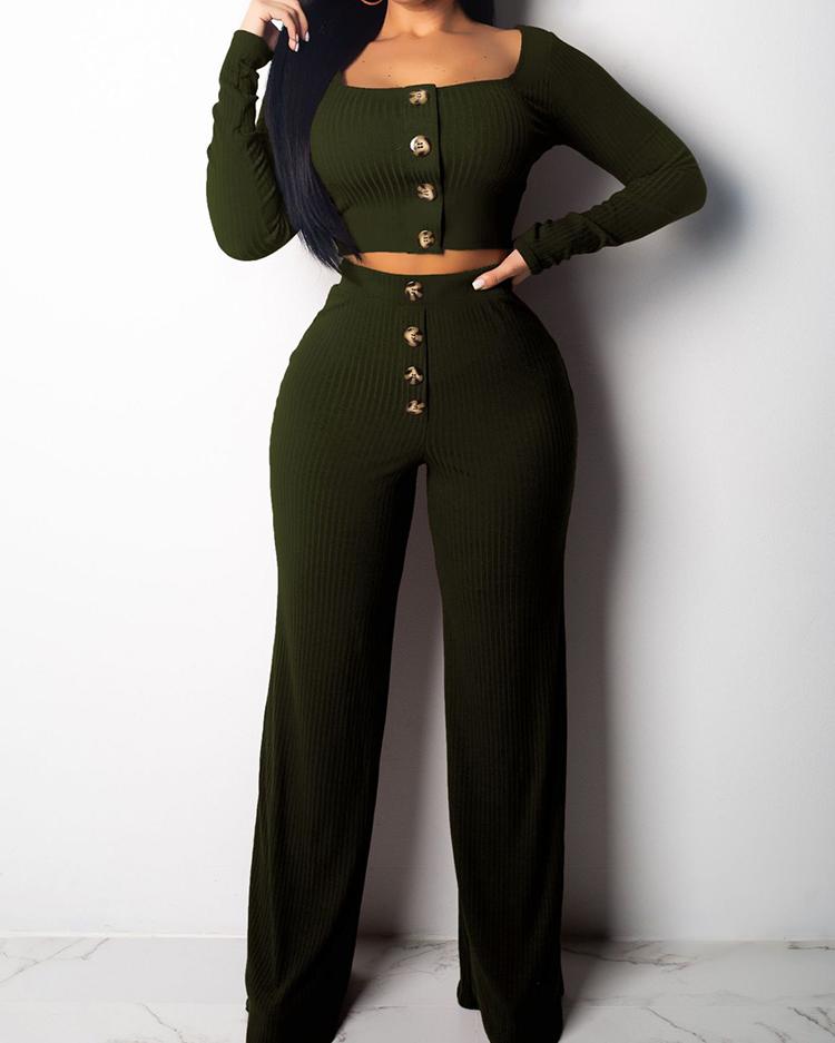

Button Design Crop Top & Wide Leg Pant Sets, Green