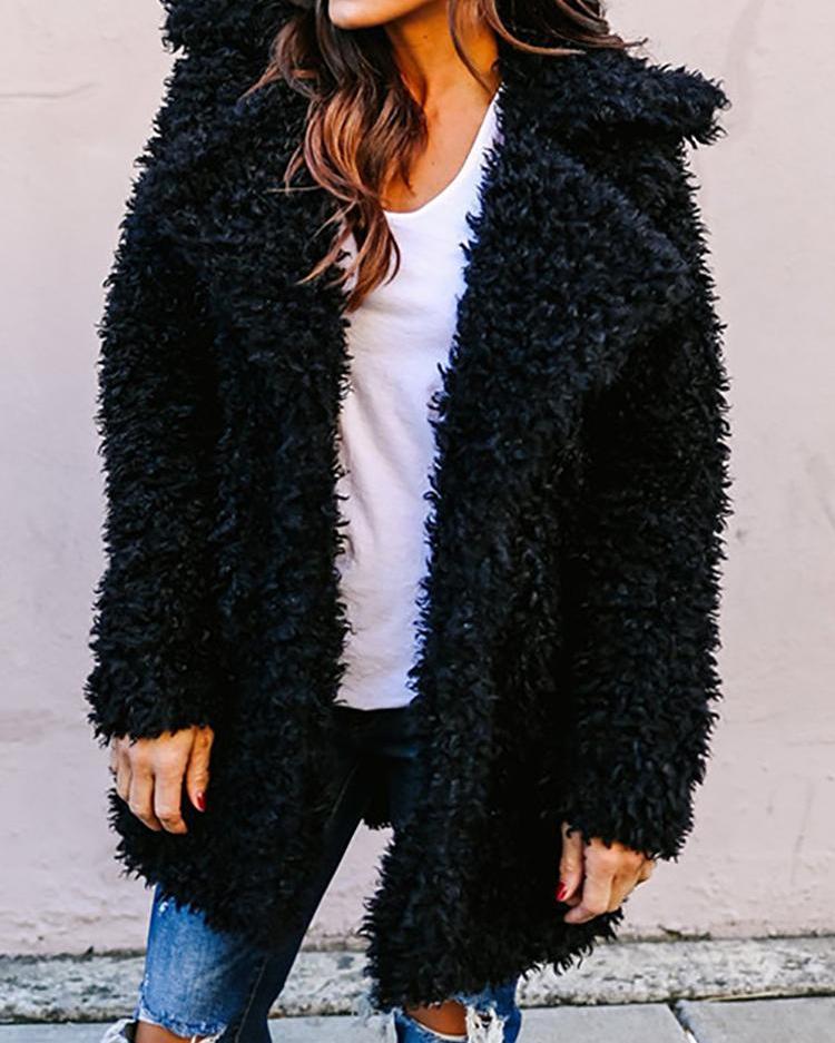 

Long Sleeve Fluffy Pocket Teddy Longline Coat, Black