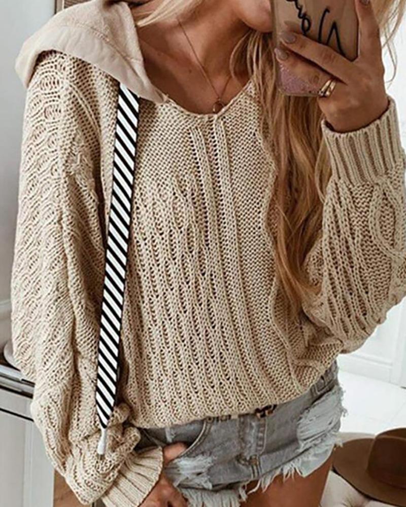 

Solid Long Sleeve Knit Hooded Sweater, Khaki