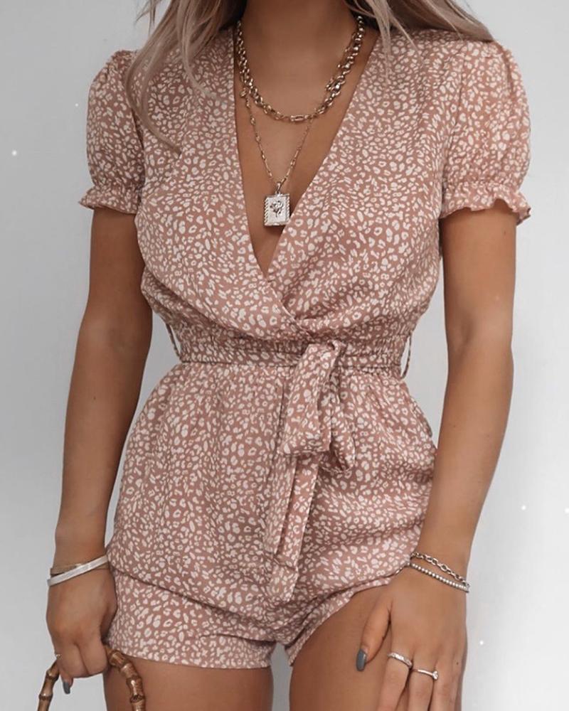 

V-neck Floral Print Belted Romper, Pink