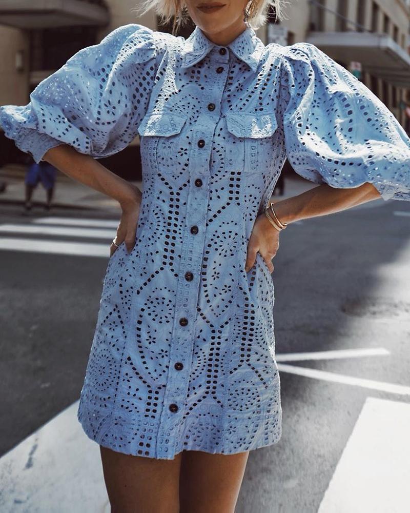 

Hollow Out Lantern Sleeve Buttoned Dress, Light blue