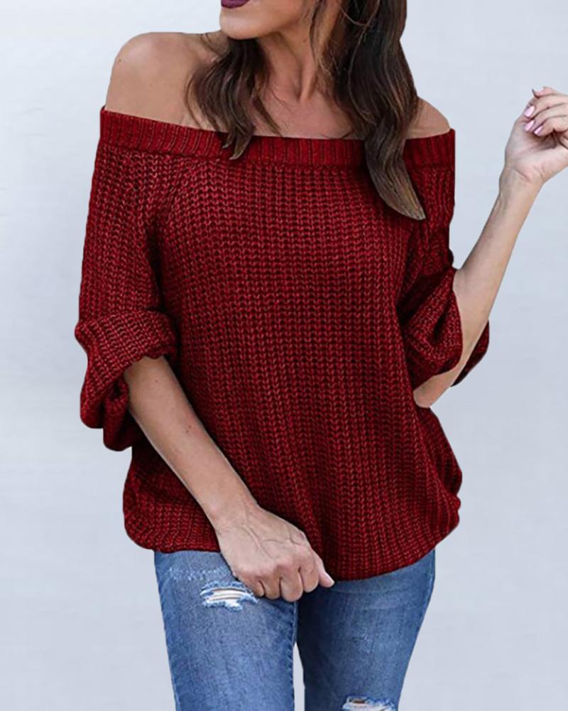 

Solid Off Shoulder Long Sleeve Knitting Sweater, Wine red