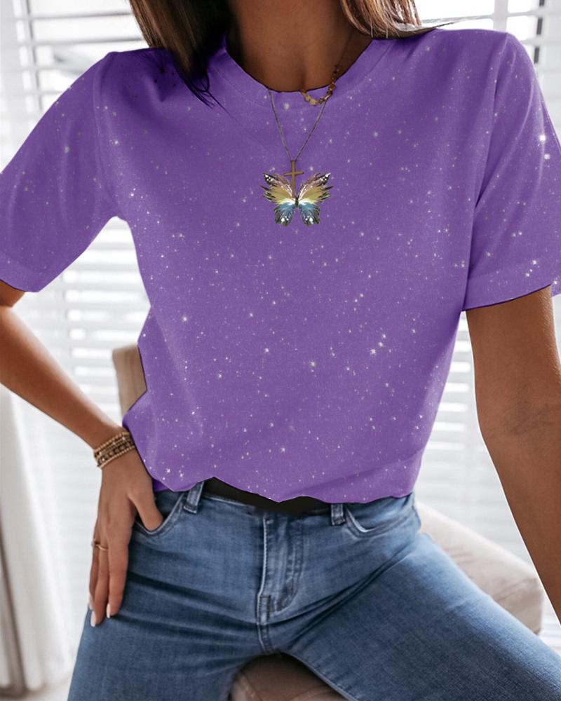 

Short-Sleeved Print Butterfly T-shirt, Purple