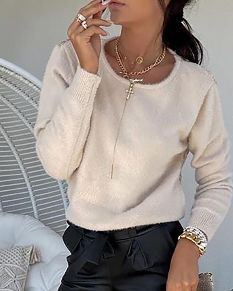 

Eyelash Lace Back Long Sleeve Crew Neck Sweater, Apricot