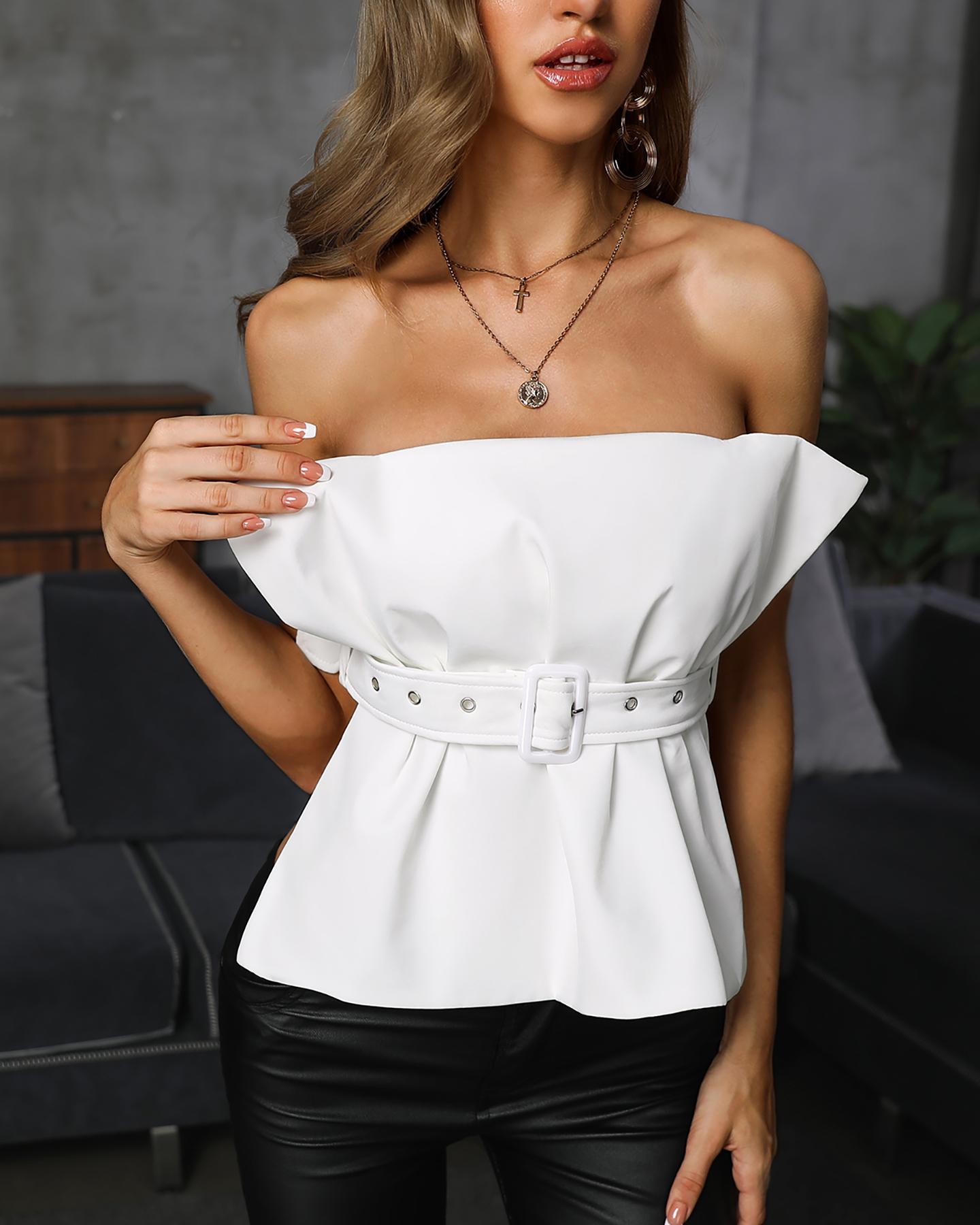 

Strapless Fold Pleat Belted Top, White