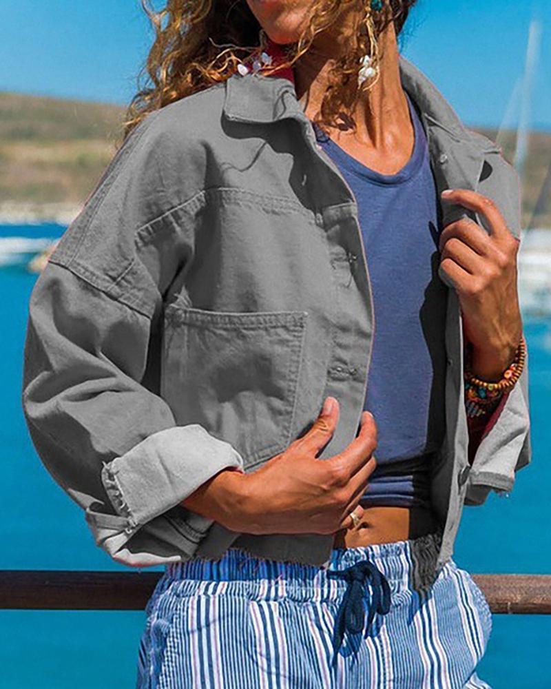 

Solid Denim Buttoned Pocket Casual Coat, Gray