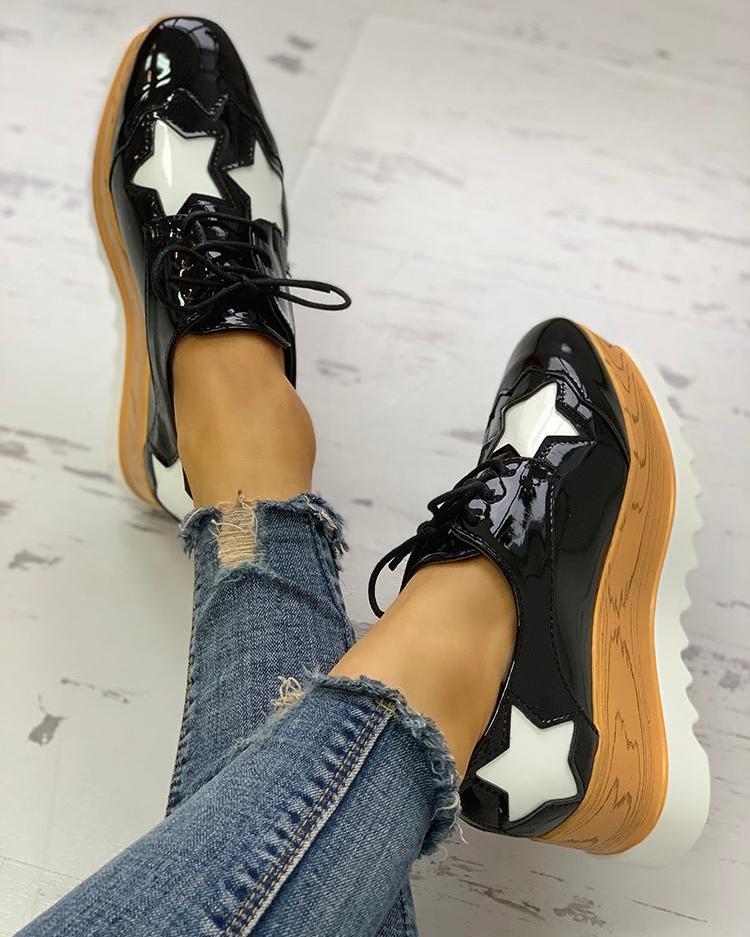 

Star Pattern Lace-up Platform Muffin Shoes, Black