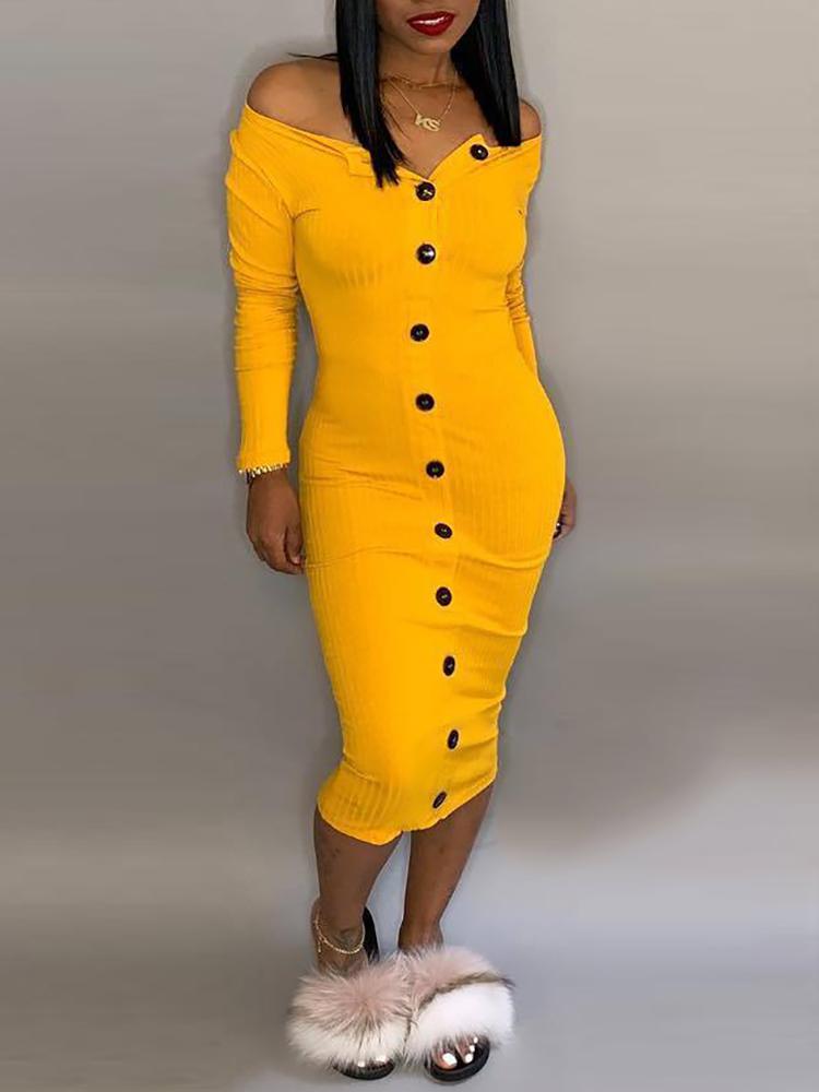 

Off Shoulder Ribbed Button Through Dress