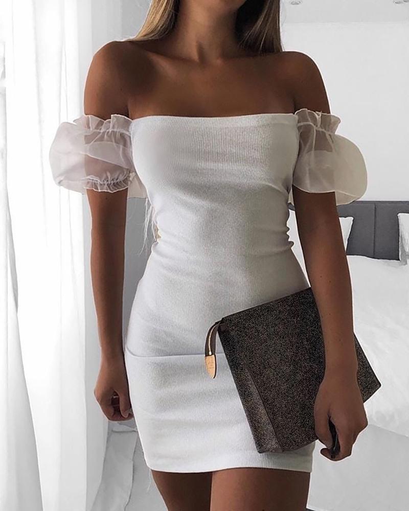 

Solid Mesh Design Off Shoulder Dress, White