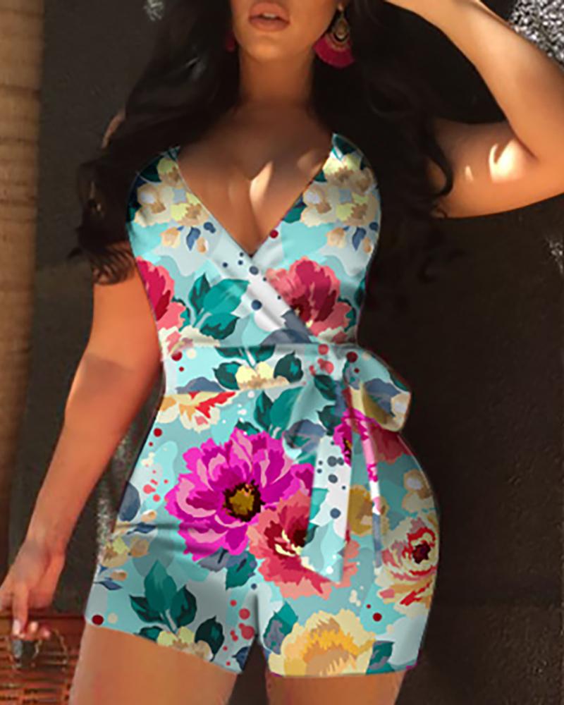 

Floral Print Wrapped Belted Sleeveless Romper, Multicolor