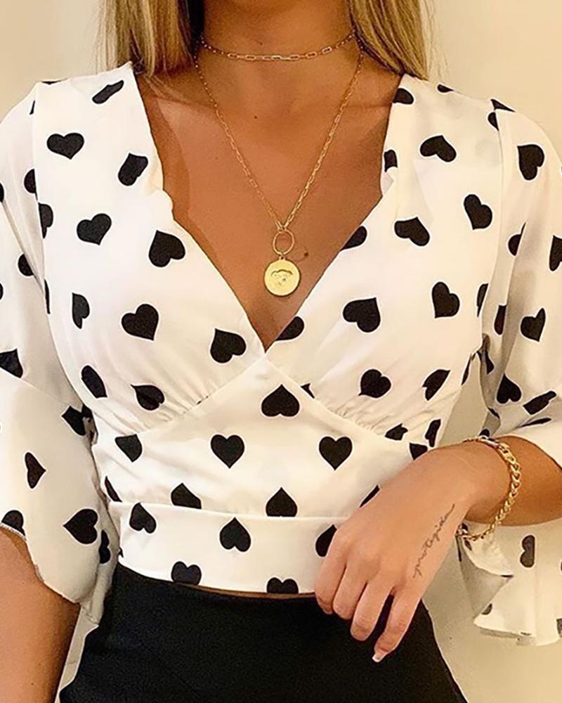 

Heart Print Bell Sleeve Blouse, White