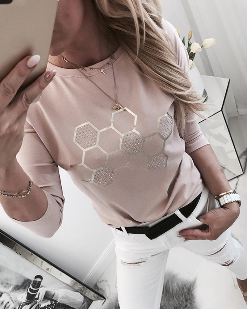 

Hot Stamping Geo Print Round Neck Long Sleeve T-shirt, Pink