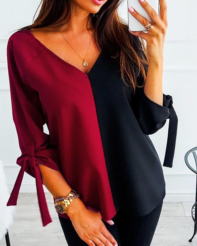 

Contrast Color Tied Sleeve Deep V Blouse, Red