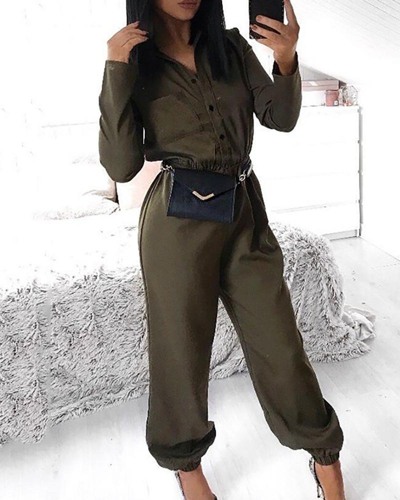 

Solid Turn-down Collar Buttoned Cuffed Cargo Jumpsuit, Green