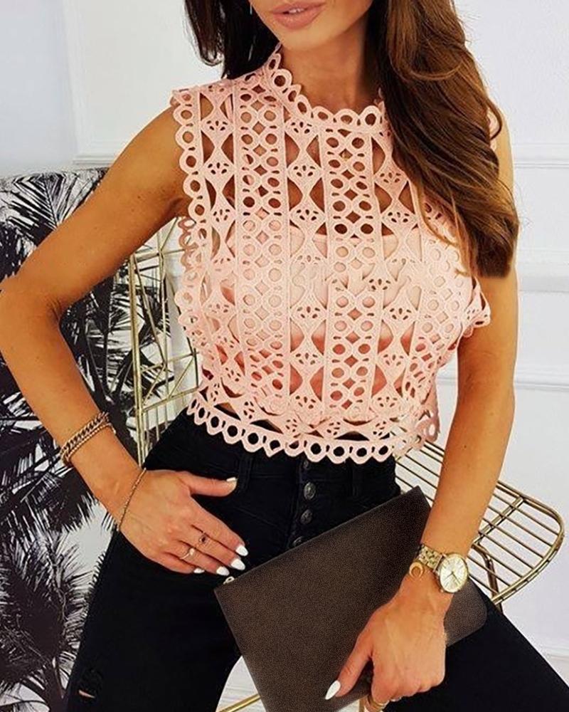 

Cutwork Lace Hollow Out Sleeveless Top, Pink