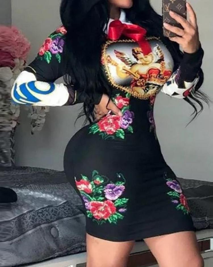 

Floral Print Bowknot Neck Bodycon Dress, Black