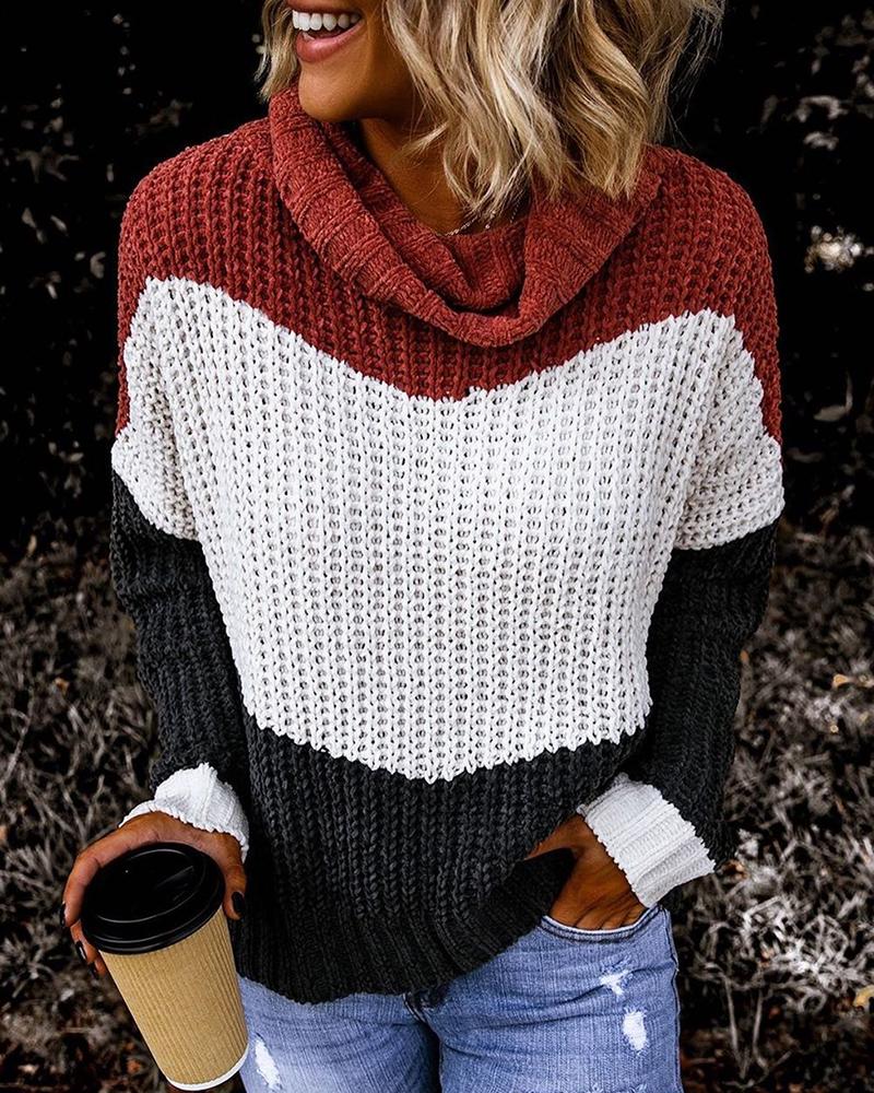 

Colorblock Turtleneck Knit Casual Sweater, Red