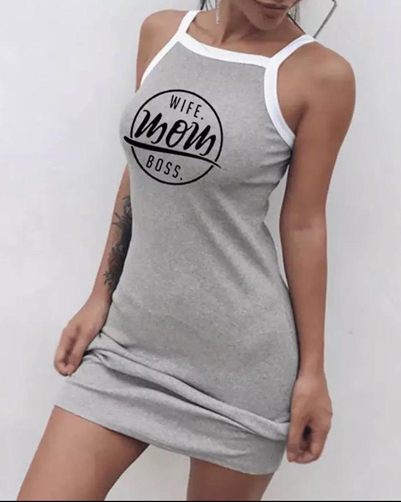 

Letter Print Contrast Binding Sleeveless Casual Dress, Gray