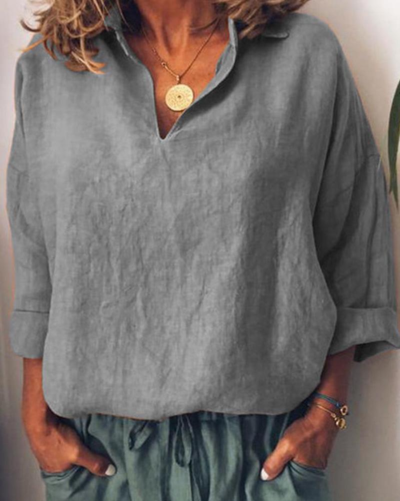 

Cotton and Linen Long Sleeve Loose V-neck Shirt, Gray