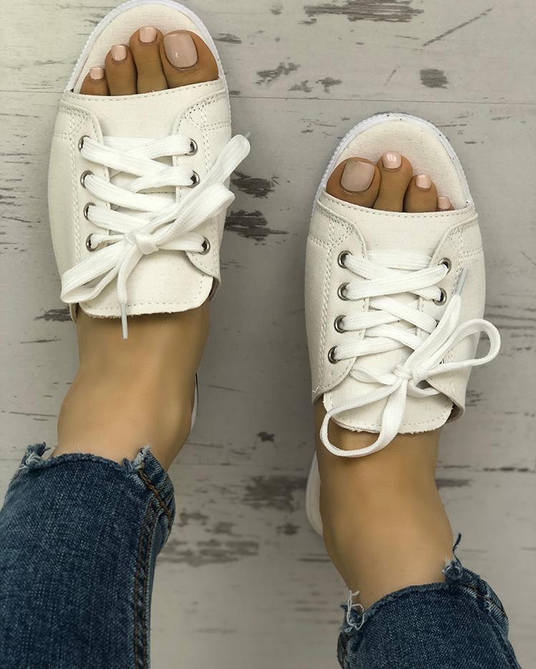 

Lace-Up Open Toe Platform Slipper, White