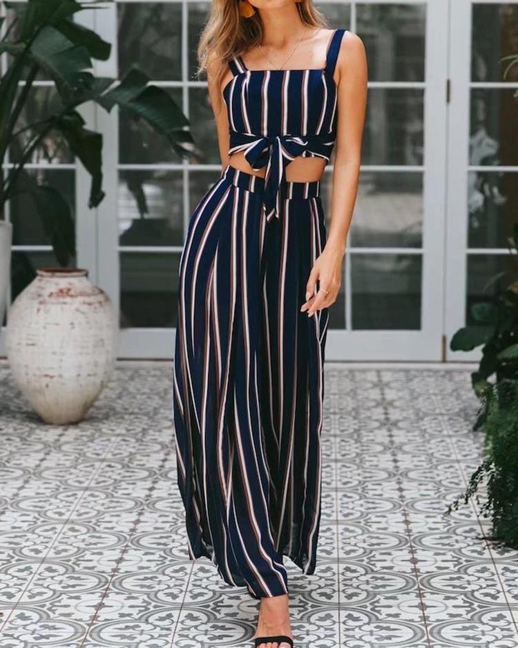 

Striped Knot Front Crop Top & Skirt Sets