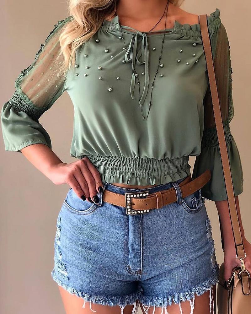 

Beaded Mesh Insert Shirring Frill Hem Blouse