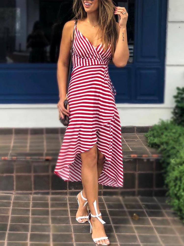 

Striped Plunge Strappy Dip Hem Casual Dress, Red
