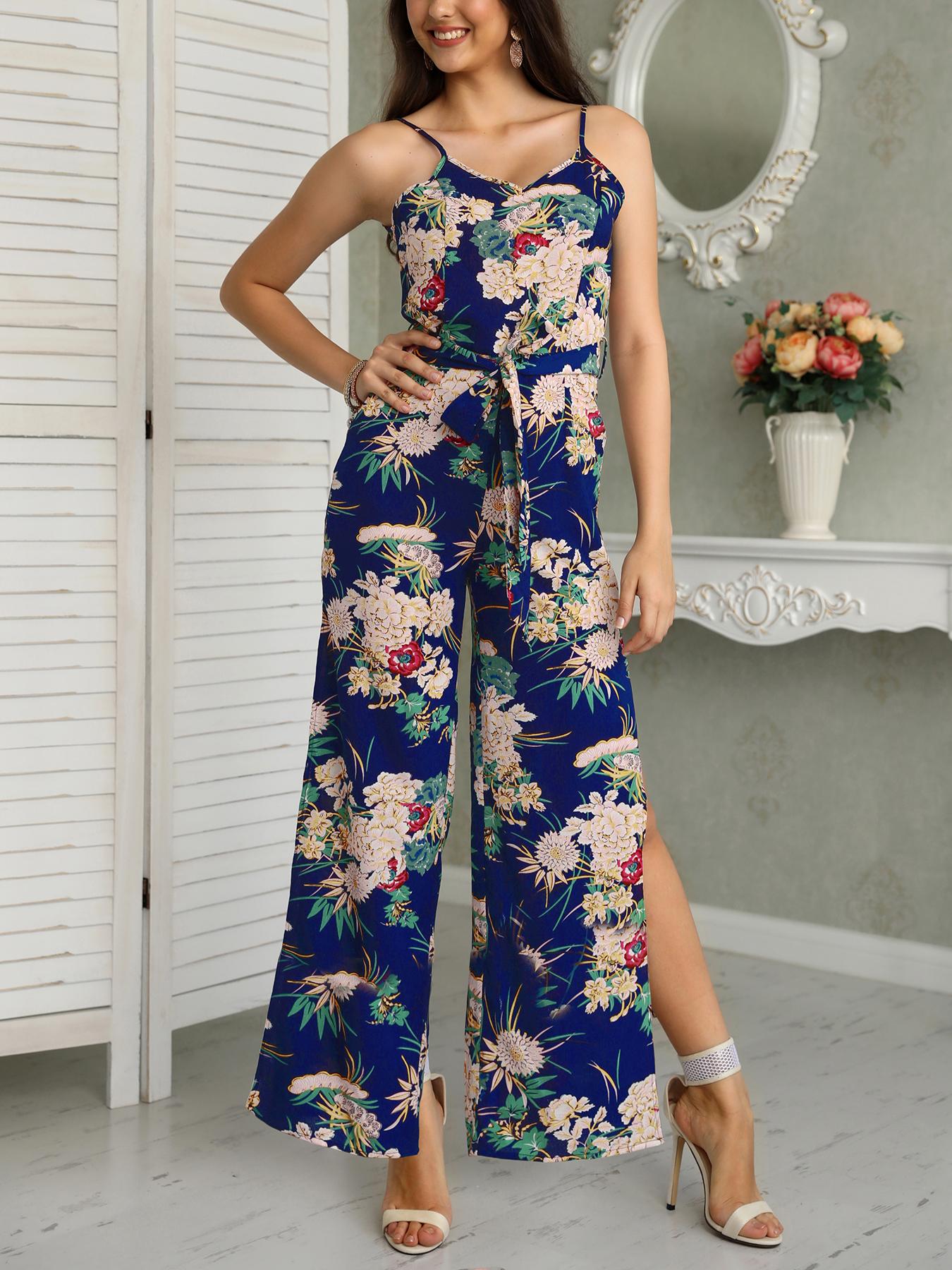 

Floral Print Tied Waist Slit Spaghetti Strap Jumpsuit, Blue