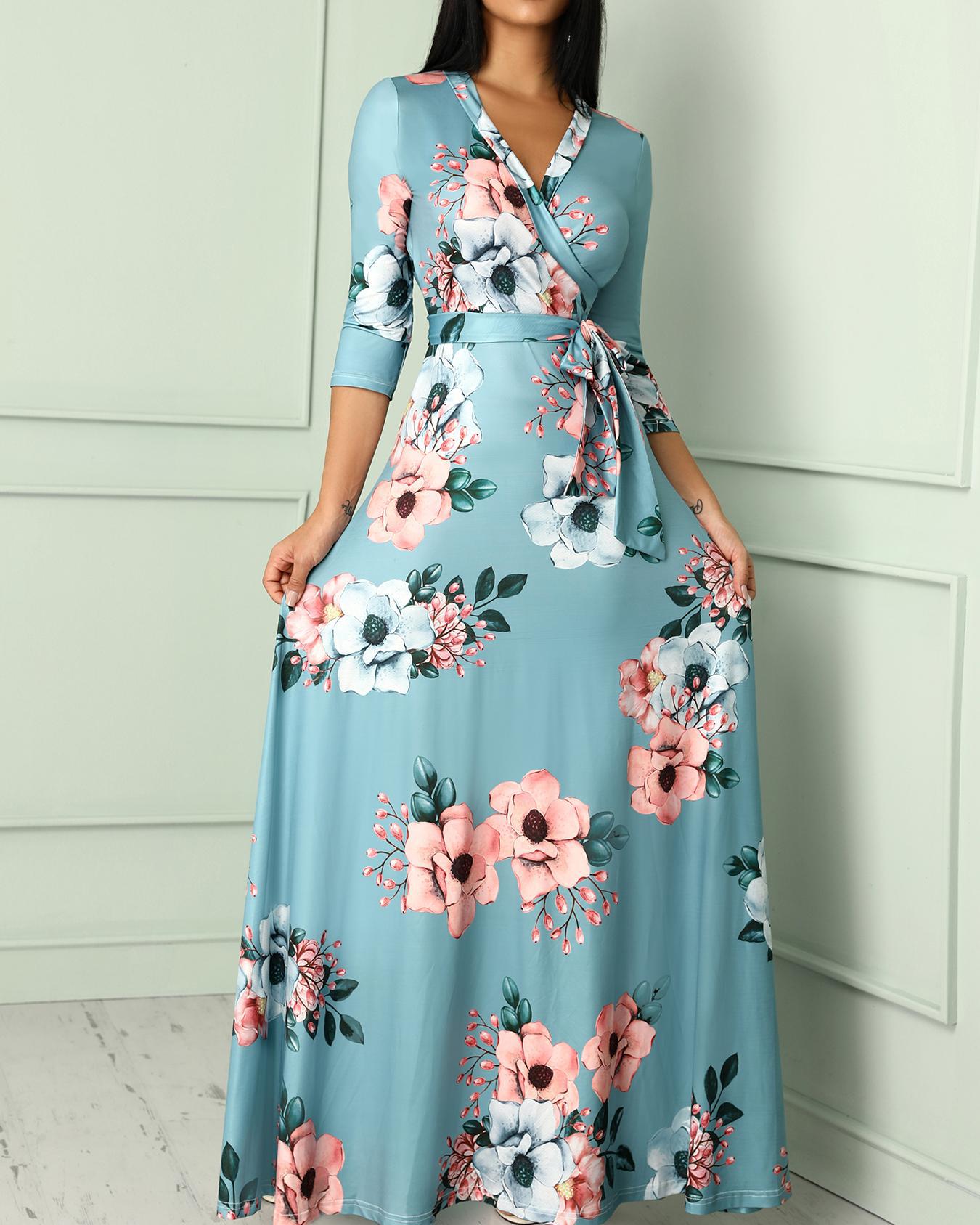 

Floral Print Deep V Wrapped Belted Maxi Dress, Light blue