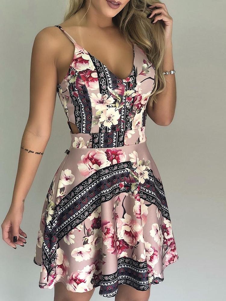 

Floral Print Cutout Waist Mini Dress, Pink