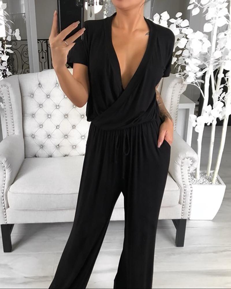 

Solid V-neck Short Sleeve Drawstring Jumpsuit, Black