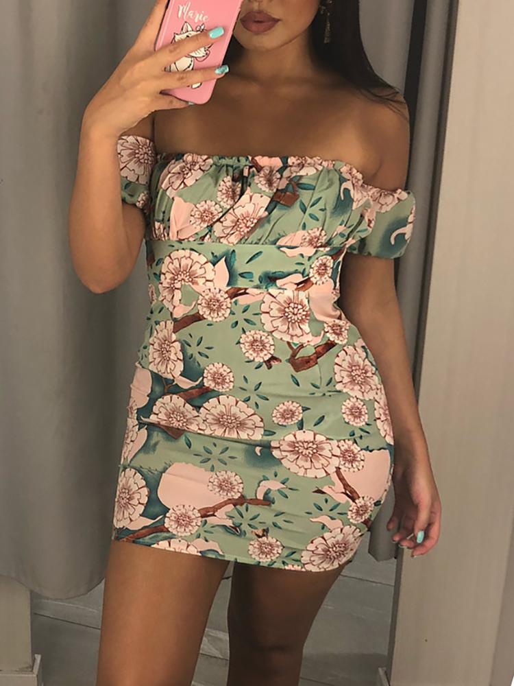 

Floral Print Off Shoulder Ruched Bodycon Dress, Multicolor