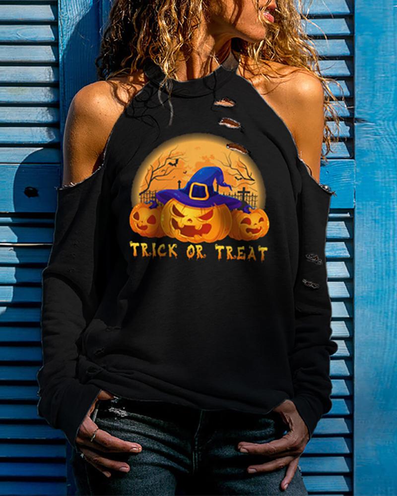 

Halloween Cold Shoulder Letter Pumpkin Print Cutout Top, Black
