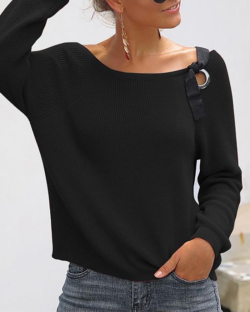 

Solid Eyelet Round Neck Long Sleeve Ribbed Sweater, Black