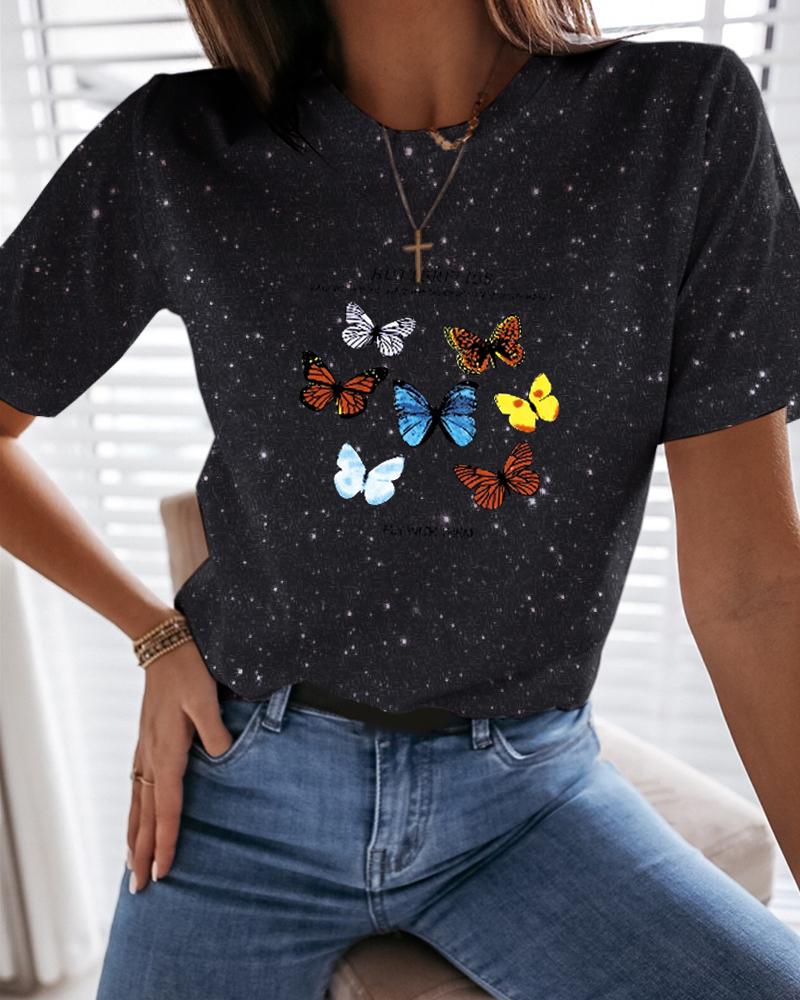 

Butterfly Letter Print Glitter T-Shirt, Black