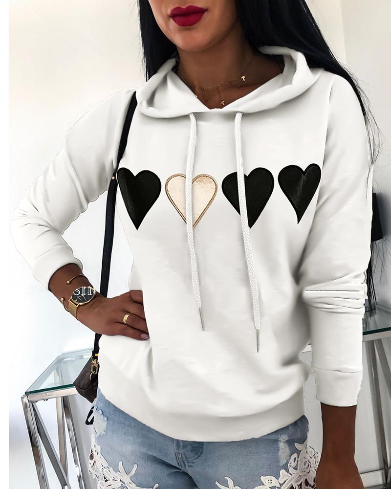 

Hooded Drawstring Heart Print Sweatshirt, White