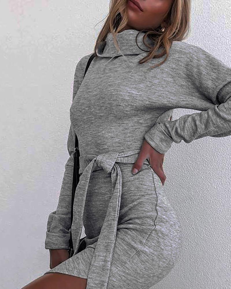 

Solid Long Sleeve Slit Midi Dress, Gray