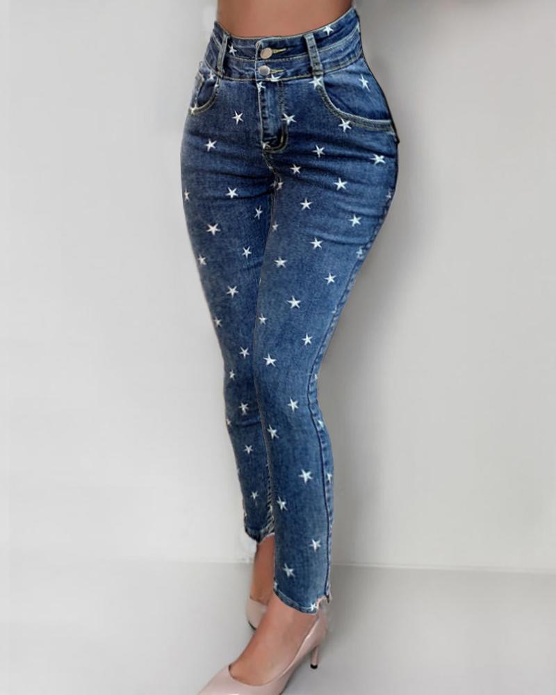 

High Waist Star Print Skinny Jeans, Blue