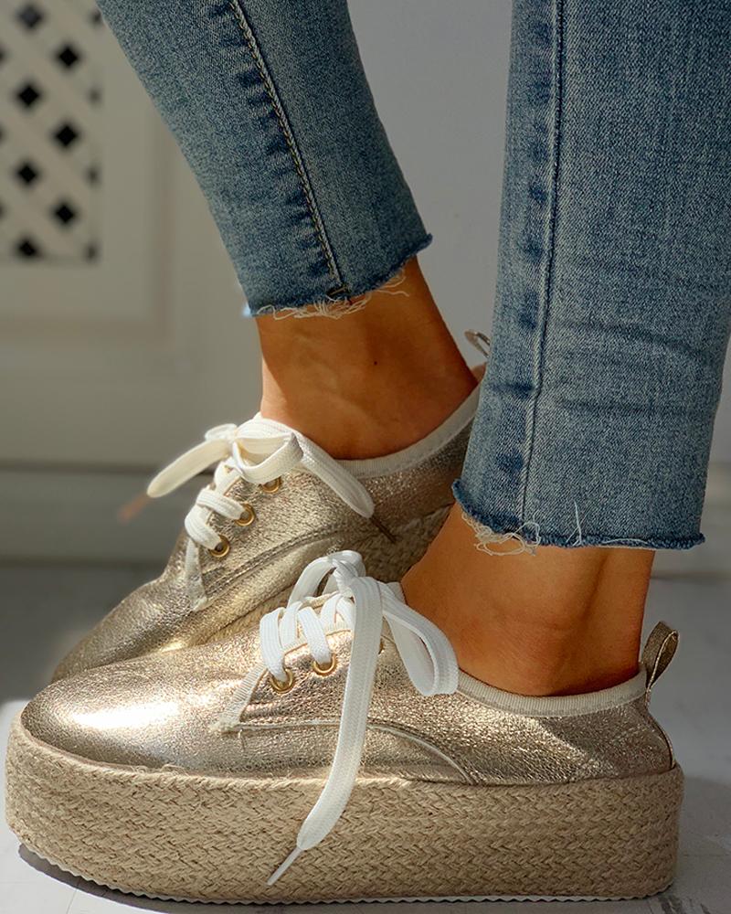 

Solid Eyelet Lace-Up Muffin Espadrille Casual Sneakers, Gold